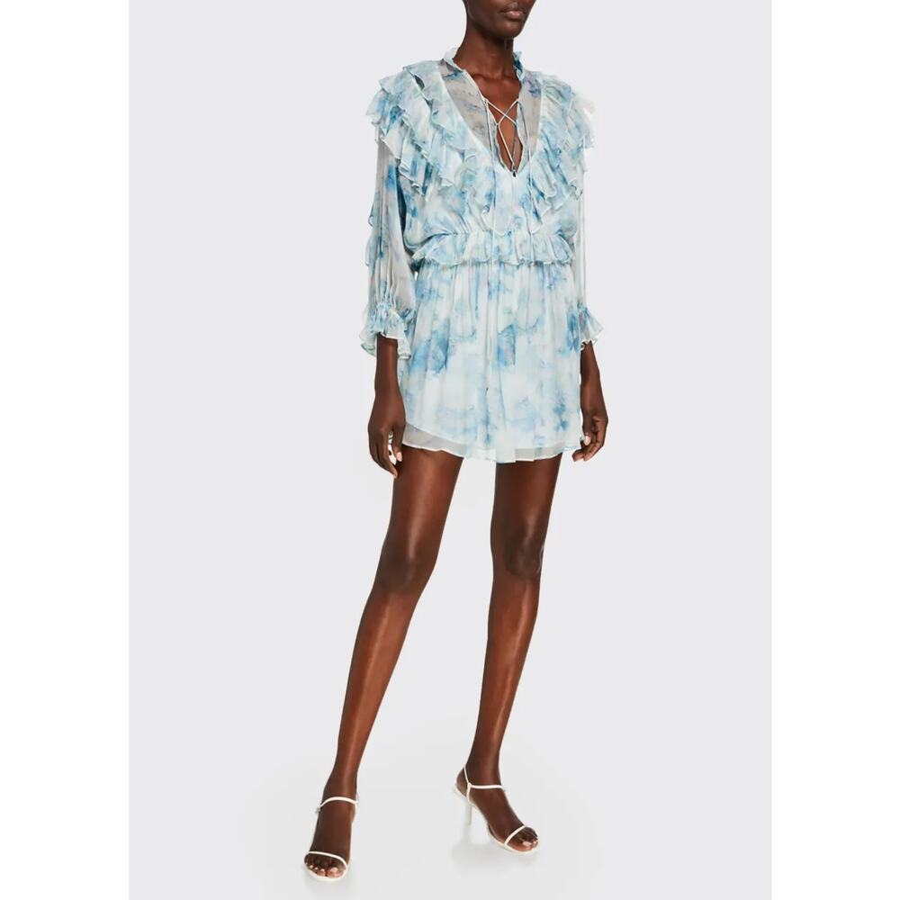 IRO Banon Printed 3/4 Sleeve Ruffle Mini Dress Blue Green 34